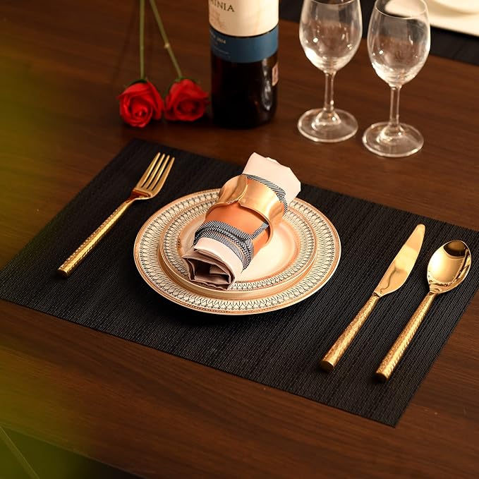 SLKQG Black Placemats Set of 4 - Easy Clean Washable Vinyl Placemats - Wipeable Heat Proof Table Mats for Dining Table - 17x12 Inch (Pure Black, 4)