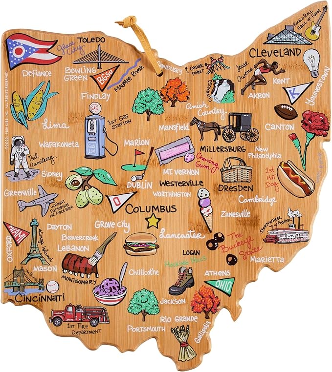 Totally Bamboo Ohio State Shaped Cutting Board, Art by Fish Kiss | State charcuterie board with colorful hand-drawn map artwork. Smooth reverse side for food prep. Hang tie for wall display.