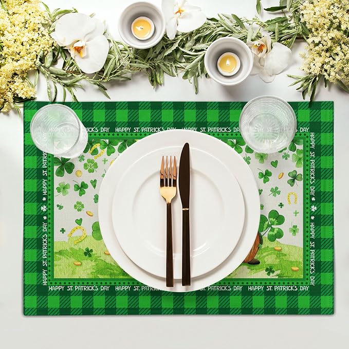 St. Patrick's Day Placemats 12x18 Inch Gnomes Truck Shamrock Clover Gold Coin Heat Resistant Table Mats Set of 4 Green Buffalo Plaid Washable Place Mats for Home Kitchen Dining Holiday Party