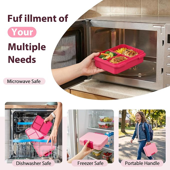 Kids Bento Lunch Box Set with 9.5oz Soup Thermo, Leak-Proof Lunch Food Containers with 3 Compartment and Removable Inner Tray, Insulated Hot Food Jar with Lunch Bag for School, Office, Pink