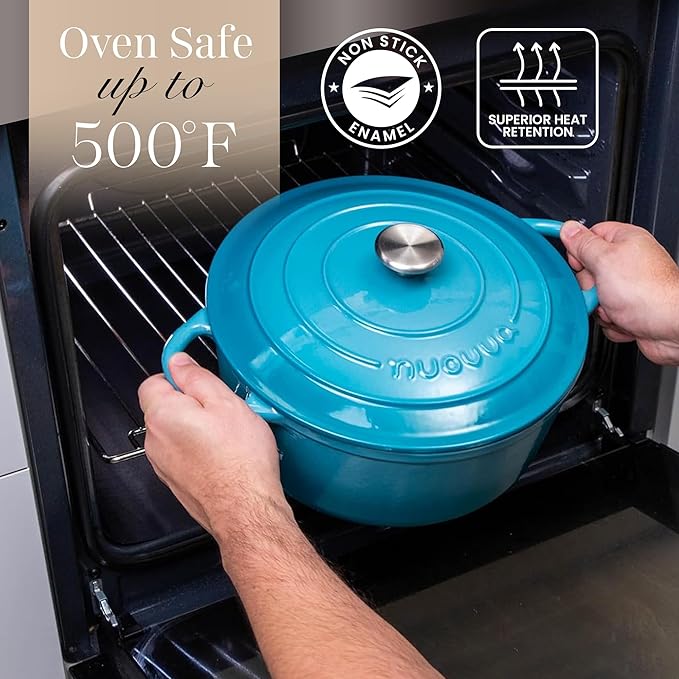 Nuovva Enamelled Cast Iron Dutch Oven Pot with Lid 6.4 Quart Non Stick Casserole Pot-Heavy Duty & Oven Safe up to 500° F for Bread Baking, Braising, Stews, Roasting - 28cm Light Blue