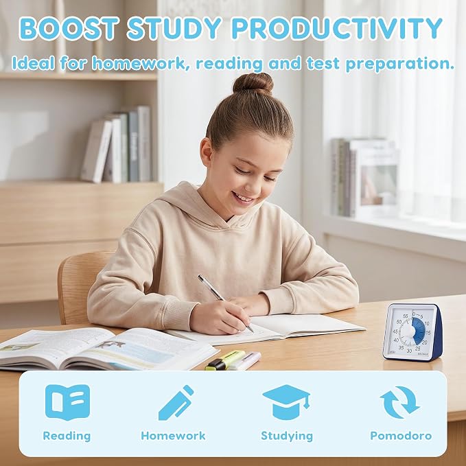 Secura Visual Timer for Kids, 60 Minute Classroom Countdown Timer for Study | Non-Ticking, Adjustable Alarm Volume/Duration, Low Power Reminder, Time Management Tool for ADHD (Navy Blue & Navy Blue)