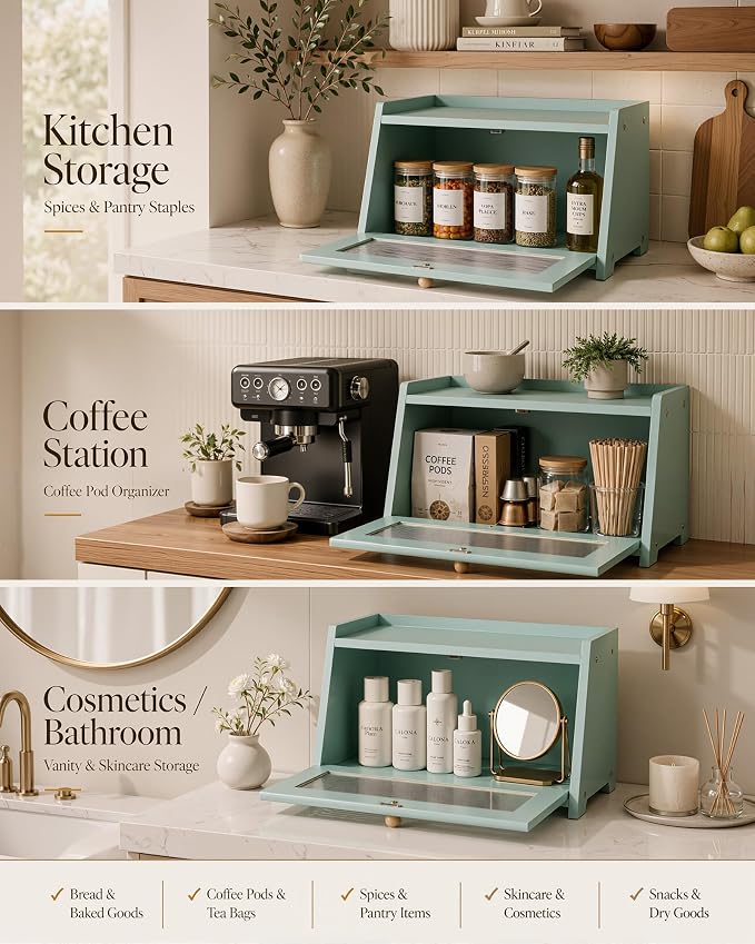 Bread Box for Kitchen Countertop: Large Capacity Farmhouse Bread Bin with Acrylic Window, Storage Container for Homemade Bread, Large Bread Holder for Kitchen Counter, Pantry Shelf
