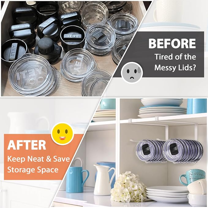 2 Pack Tumbler Lid Organizer, Versatile Tumbler Storage Holds 20 Lids White | Space Saving Cup Lid Organizers Inside Cabinet Tumbler Lid Hook for Kitchen Organizer and Storage, Paper Towel Rack Hanger