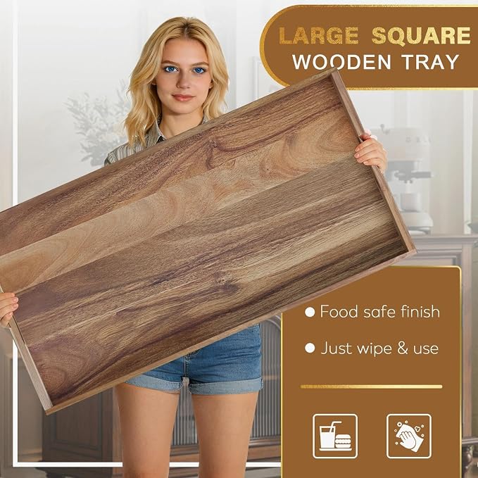 Extra Large Ottoman Tray, 40 x 20 inches Acacia Wood Serving Tray | Rectangle Wooden Decorative Tray with Handles, Oversized Coffee Table Tray, Serving Platter Tray for Living Room, Breakfast