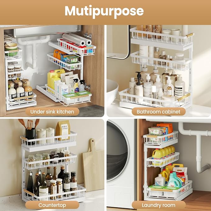 Under Sink Organizer and Storage for Bathroom and Kitchen - 1 Pack 3 Tier | Cabinet Pull Out Shelf Organizers - Slide Out Drawer Organization for Home Cabinets Shelves and Drawers