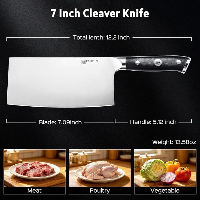 PAUDIN Cleaver Knife 7 Inch, Razor Sharp Chinese Chef Knife Dishwasher Safe, German High Carbon Steel Vegetable Cleaver with G10 Handle, Meat Slicing Slicer, Daily Meal Prep for Home and Restaurant