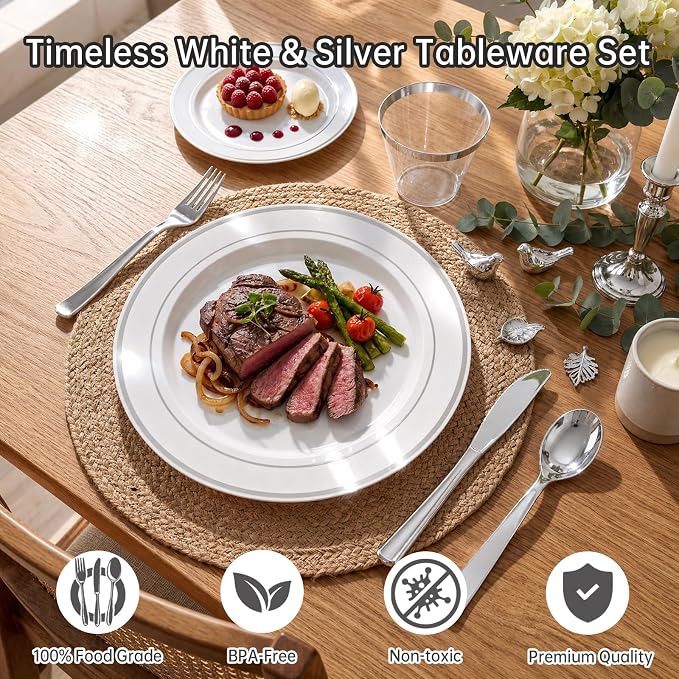 DaYammi 350PCS Silver Plastic Dinnerware Set for 50 Guests, Fancy Disposable Plates for Party, Include: 50 Dinner Plates, 50 Dessert Plates, 50 Pre Rolled Napkins with Silver Silverware, 50 Cups