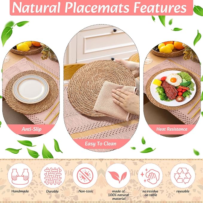 6 Sets Boho Decoration Placemats Round Woven Placemats, Cloth Napkins, Wood Bead Napkin Rings, Long Table Runner and Farmhouse Burlap Cotton for Table Kitchen (Pink,12x72)