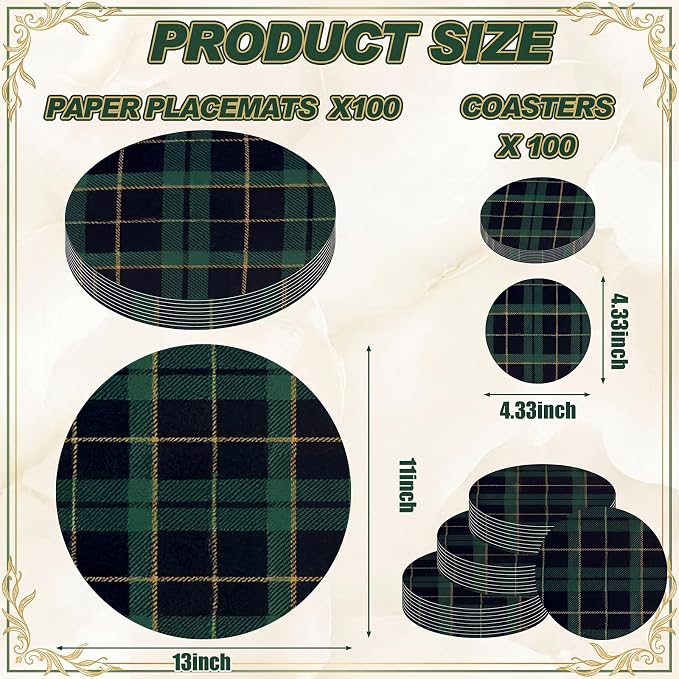 Geosar 200 Blue and Green Plaid Disposable Paper Placemats and Coasters Set Summer Hawaiian Placemat with Coasters Outdoor Indoor for Dining Table Decoration Shower Birthday