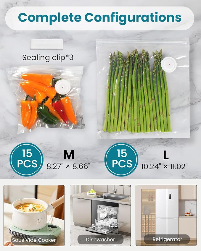 FEPPO Vacuum Sealer for Food with Visible Water Tank, Handheld Saver Compact Vacuum Sealer Machine with 30 Reusable Bags for 6X Preservation & Fresh, Teal