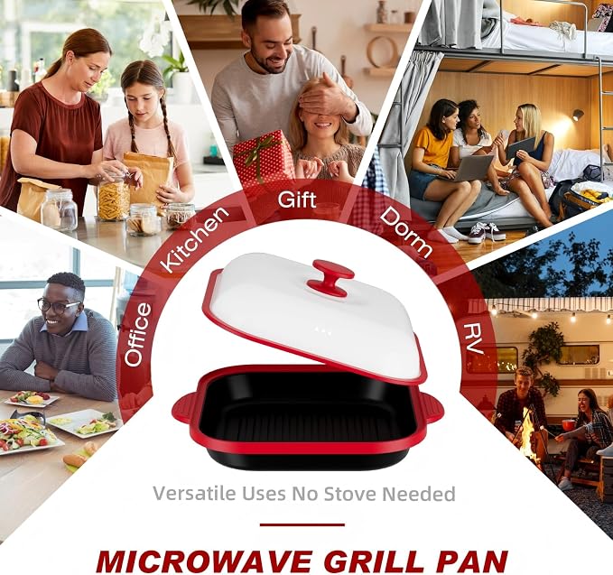 Microwave Grill Pan with Cover | Microwave Bacon Cooker | Griller & Crisper Pan for Grilling, Frying, Browning and Crisping | Microwave Cookware for Grill Meat | Dishwasher Safe for Dorms,Office,RV
