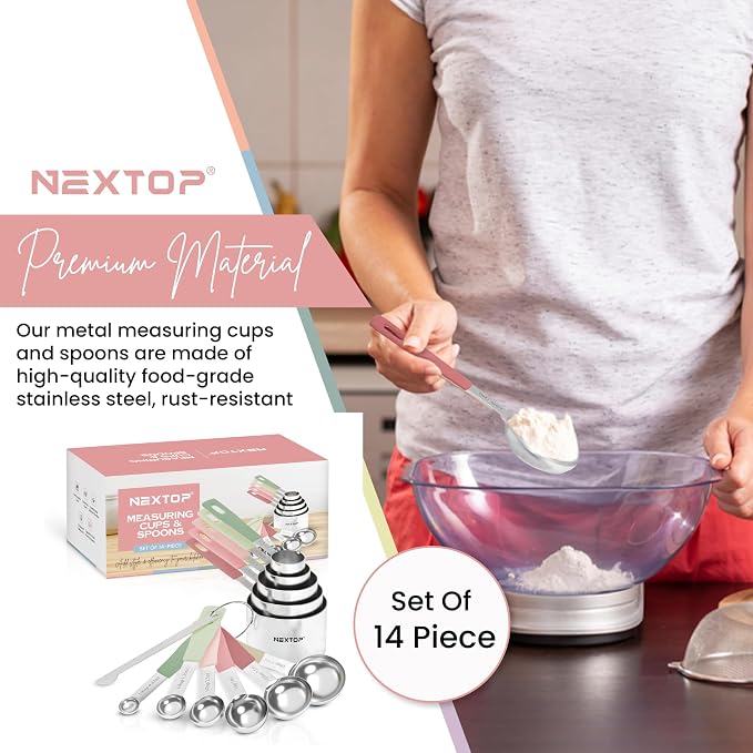 Nextop 14-Piece Stainless Steel Measuring Cups and Measuring Spoons Set with All Stackable Sizes and Leveler for Dry Ingredients, Complete Set for Kitchen & Baking Measuring Tools (Peach Set)