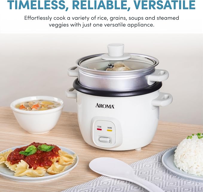 AROMA® Rice Cooker, 2-Cup (Uncooked) / 4-Cup (Cooked), Steamer, Grain Cooker, Soup Maker, Oatmeal Cooker, Auto Keep Warm, 1 Qt, White, ARC-302-1NG
