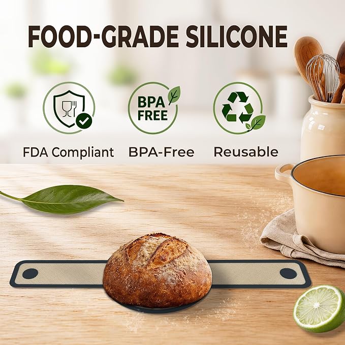 Silicone Bread Sling for Dutch Oven, 2-Pack 7.2" Long Handle Sourdough Baking Mat, 500°F Heat Resistant Dough Transfer Slings with 10 Parchment Sheets & 2 Cable Ties