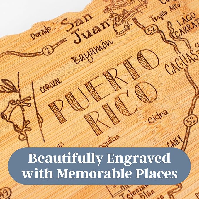 Totally Bamboo Destination Puerto Rico Cutting Board with Engraved Map Art | Puerto Rico shaped charcuterie board with engraved map art. Smooth back for food prep. Hang tie for wall display.