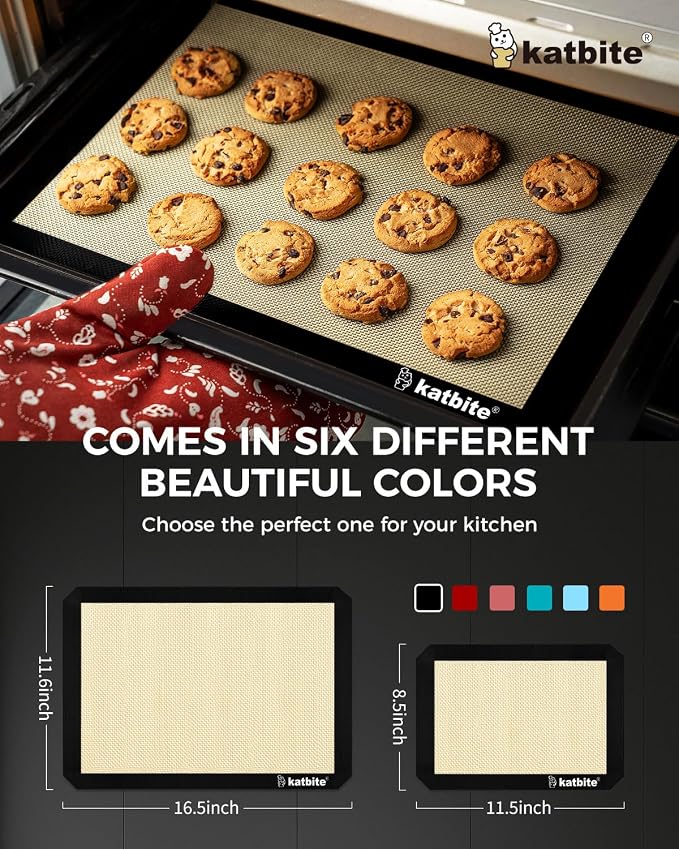 Katbite Silicone Baking Mat Set of 3 Black | 2 Half Sheets Mats + 1 Quarter Baking Sheet, Reusable & Nonstick Bakeware Mats for Cookies, Macarons, Bread