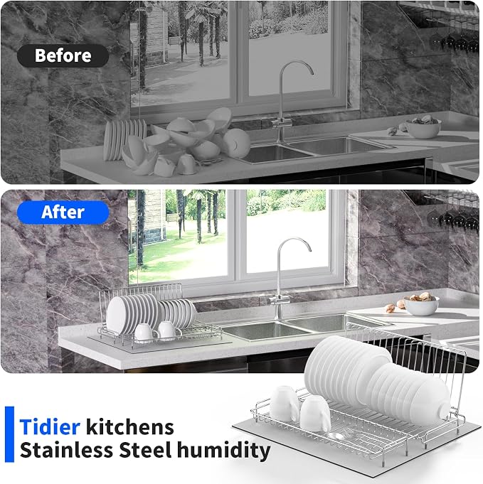 Small Dish Drying Rack Stainless Steel Collapsible | Foldable Rack Countertop with Drying Mat for Kitchen Dorm RV Campers Travel Trailer Space Saving