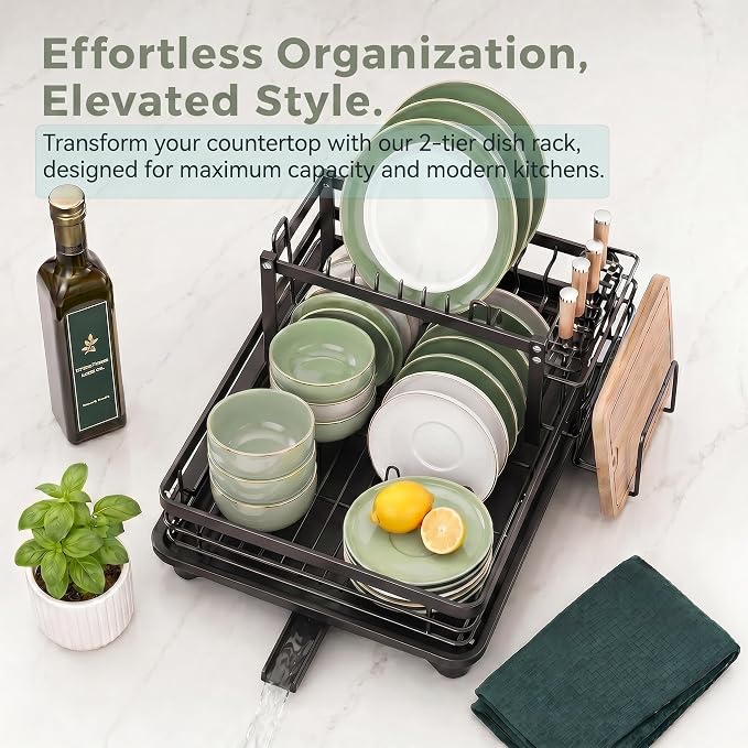 Dish Drying Rack, 2 Tier Space-Saving Dish Rack for Kitchen Counter, Dish Drainer Stainless Steel Rustproof with Drainboard, Utensil Holder