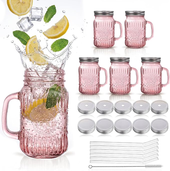 DaYammi 16 oz Mason Jars with Lids and Straws, 6 Pack Pink Vintage Drinking Glasses, Leak Proof Iced Coffee Cups for Daily Use & Party