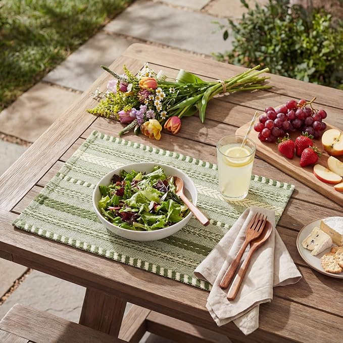 Artoid Mode Army Green Farmhouse Woven Braided Stripe Placemats Set of 6,12x18 Inch Seasonal Holiday Table Mats Party Kitchen Dining Decoration