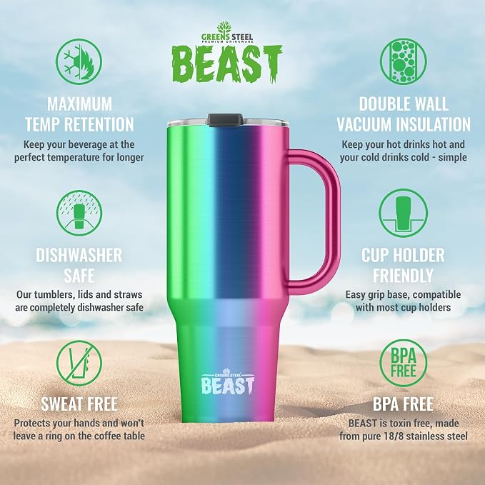 Beast 50 oz Tumbler with Handle Stainless Steel Vacuum Insulated Coffee Ice Cup Double Wall Travel Flask (Rainbow)