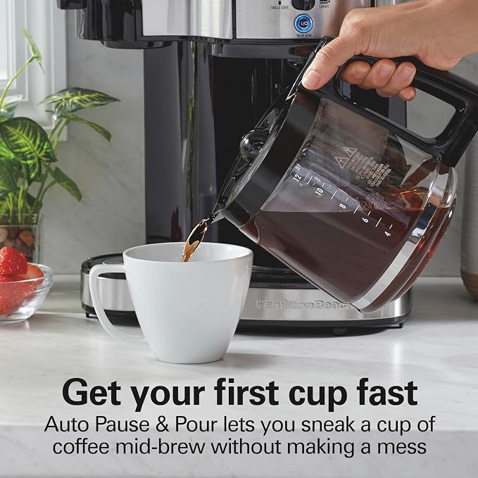 Hamilton Beach 2-Way Brewer Coffee Maker, Single-Serve and 12-Cup Pot, Black/Stainless Steel(49980A), Carafe | 12 Cup Glass Carafe | Black with Stainless Steel Accents | 49980RG