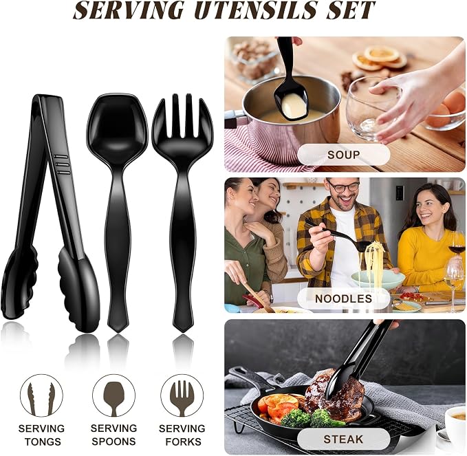 Mwellewm Plastic Serving Utensils Set Disposable Tongs Spoons for Buffet | Heavy Duty, BPA free, Black, Large 18Pcs Party Catering Supplies Buffet Display Utensils for Restaurant, Wedding,Banquet,Food