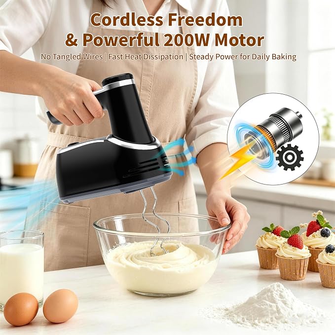 binROC Cordless Electric Hand Mixer, 12-Speed with Storage Case, Black | Rechargeable, Eject Button, LED, Self-Stand, 6×304 Stainless Attachment, Overheat Protection, Quiet for Baking Dough Cake Egg