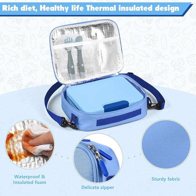 WyfKyd Bento Lunch Box Set with Soup Thermo Food Container for Kids Adults | Bento Box Set with 9.5oz Soup Thermo Kids Leak-proof Lunch Box Container with Insulated Hot Food Jar and Bag for School Blue