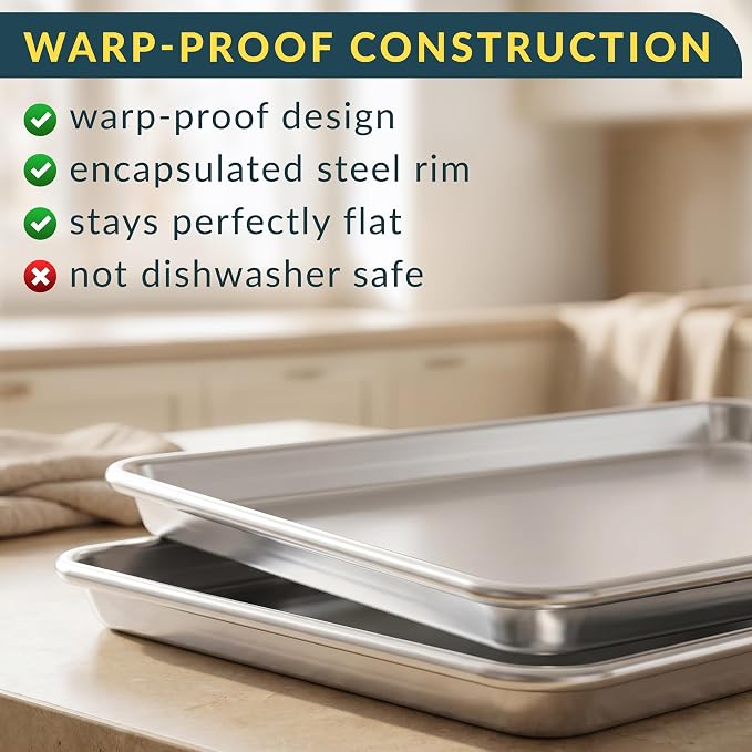 Aluminum Cookie Sheets for Baking Set of 2, 13x9" Quarter Sheet Pans | Anti-warp with reinforced steel rim; even-heat, rust-resistant & easy to clean; food-grade, oven-safe