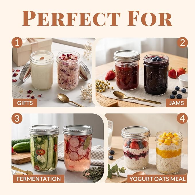 CycleMore 16oz Embossed Glass Mason Jars with Two Types of Lids – Set of 6 | One-Piece & Stainless Steel Split Lids. BPA-Free & Durable Glass. Dishwasher Safe. Non-Slip Grip. Vintage Style.