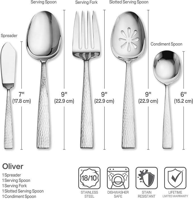 Mikasa Oliver Flatware Set, 65-Piece Service for 12, 18/10 Stainless Steel Silverware with Hammered Design and Satin Finish, Dishwasher Safe Cutlery Set