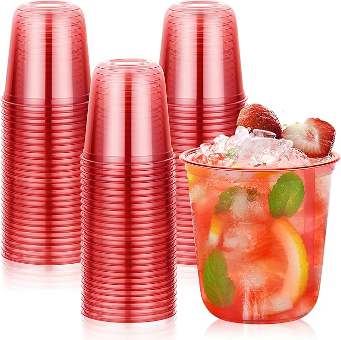 KesaPlan 100Pcs 12oz Red Plastic Party Cups, Disposable Wine Cocktail Cups | Cute Clear Stemless Glass, Round Bottom PET Cold Drink Cups for Christmas Valentine's Mother's Day Birthday Wedding Party