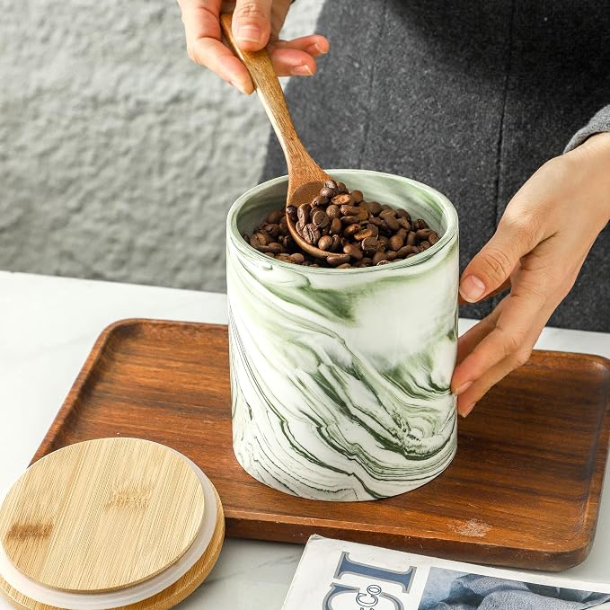 Green Food Storage Jar Strong Ceramic Storage Canisters with Airtight Seal Bamboo Lid Modern Design Seal Damp-Proof Kitchen Jar for Coffee, Tea,coffee