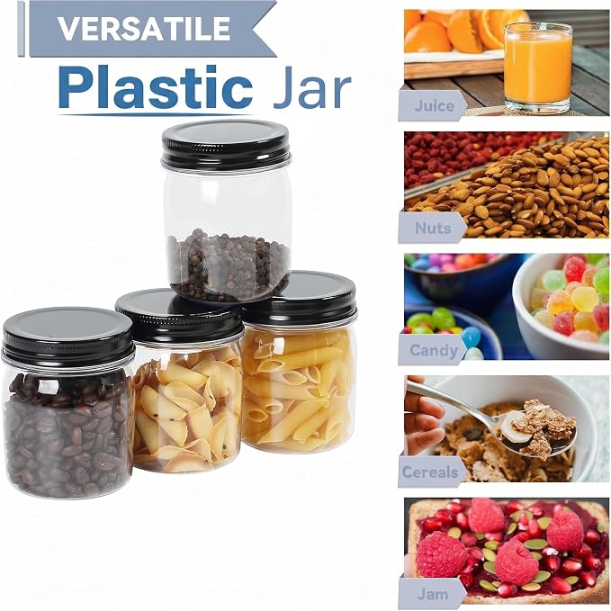 novelinks 8 oz Plastic Mason Jars and Clear Plastic Jars with Lids 8 oz | 24 Pack, Black, Plastic Containers with Lids, Small Mason Jars, Clear Jars Bulk, Spice Jars, Slime Jars, Mini Jars