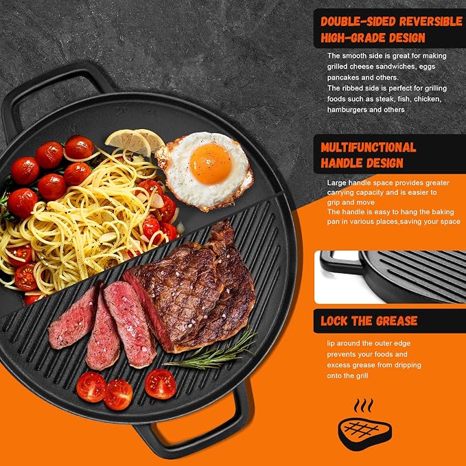GGC Reversible Cast Iron Griddle for Stove Top, 14" Round Griddle Pan | Double Sided Griddle Plate Perfect for Gas Grills and Outdoor Cooking, Baking Flat and Ribbed Grill Griddle