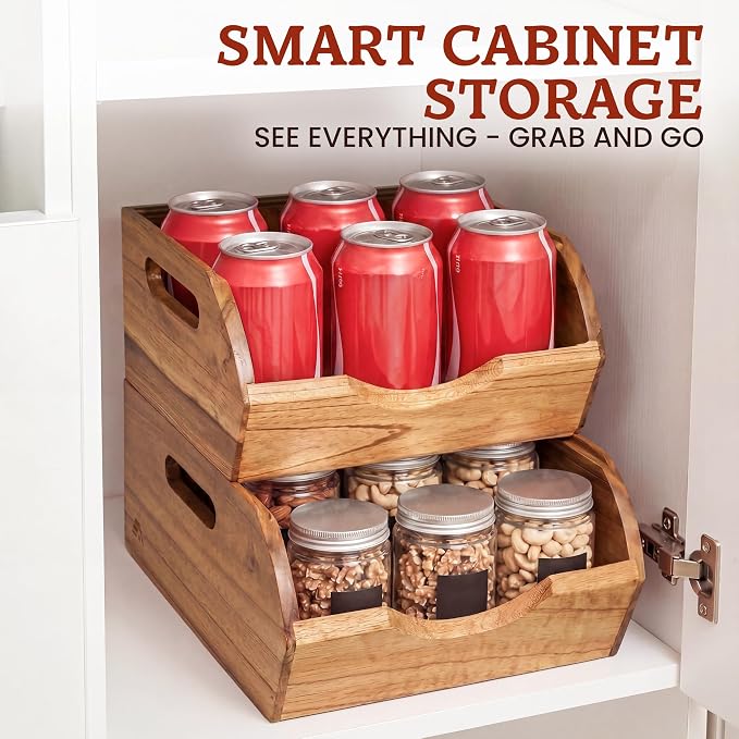 HOMESTEAD Stackable Wood Storage Bin, Ventilated Potato and Onion Storage Organizer with Handles, Wooden Pantry Organizer Bins for Fruit, Vegetables, Potatoes and Onions Storage, Natural