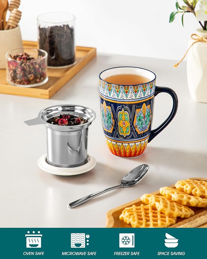 vancasso 18 Oz Tea Infuser Mug with Lid, Forest Daisy Drift | Eye-Catching Bohemian Pattern, Adds Charm to Any Tea Corner, Ceramic Mug with Infuser, Microwave and Dishwasher Safe