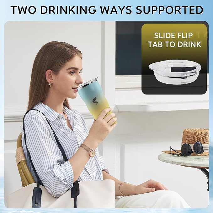 20 oz Insulated Tumbler, Straw and Flat Lids, Yellow Blue | 18/8 stainless steel, double-wall vacuum insulation, BPA-free materials, reusable straw, for everyday hot and cold drinks.