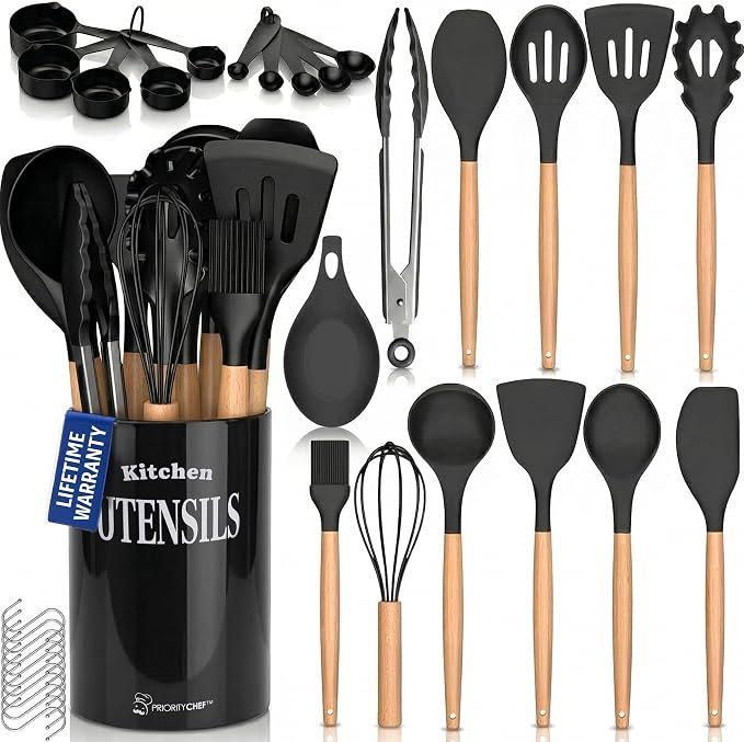 PriorityChef Silicone Cooking Utensil Set with Wooden Handles - Kitchen Utensils for Nonstick and Ceramic Cookware, Heat Resistant up to 446°F, Black