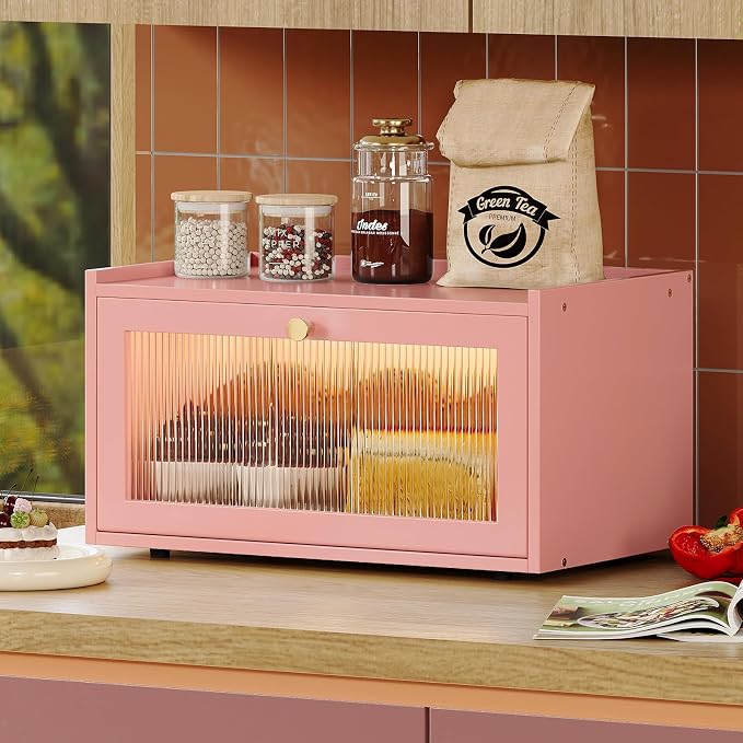 Trironsun Bamboo Bread Box with Led Light for Kitchen Counter Large Capacity Bread Storage Container Kitchen Countertop Organizer with Window Bread Holder (Pink)