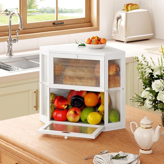 WOWLIVE Double Layer Corner Bread Box for Kitchen Countertop with 2 Doors | Bamboo Bread Storage Container, Large Farmhouse Breadbox with Acrylic Wavy Door, Under Cabinet Organizer, White, Medium