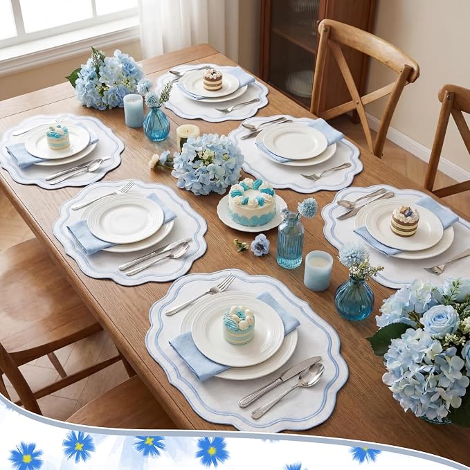6Pcs Blue Cotton Wedding Placemats Scalloped Embroidered Placemats 17" x 13" Double Layered Machine Washable Table Place Mat for Party Table Decor