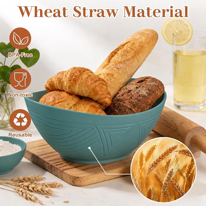 Large Salad Bowls 65 OZ - Wheat Straw Bowl Unbreakable Large Capacity Serving Bowl for Chips, Popcorn, Microwave & Dishwasher Safe Kitchen Bowls for Camping, Party, Big Cereal Bowl (Green)