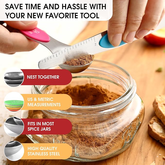 Spring Chef Stainless Steel Magnetic Measuring Spoons Set of 8, Neon | Dual Sided Metal Teaspoon & Tablespoon Measuring Spoons w/ Leveler for Dry & Liquid Ingredients, Fits in Kitchen Spice Jars