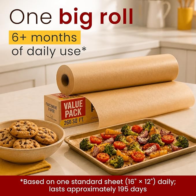260 Sq.Ft Unbleached Parchment Paper for Baking - Roll with Cutter | Heavy Duty Non-Stick Brown for Cooking, Grilling, Steaming and Air Fryer, 15" x 210ft by Baker's Signature