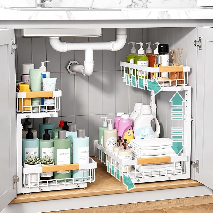 Under Sink Organizer, 2 Tier Pull Out Cabinet Organizers and Storage for Kitchen Bathroom Pantry Laundry, Adjustable Height, Slide Out Thickened Metal Storage Shelf (White, 1 Pack)