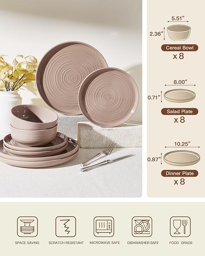Stoneware Dinnerware Sets for 8, Plates and Bowls, Brown | 24-Piece Ceramic Speckled Spiral Dishes, Chip & Scratch Resistant, Microwave & Dishwasher Safe, Everyday Use, Farmhouse Style