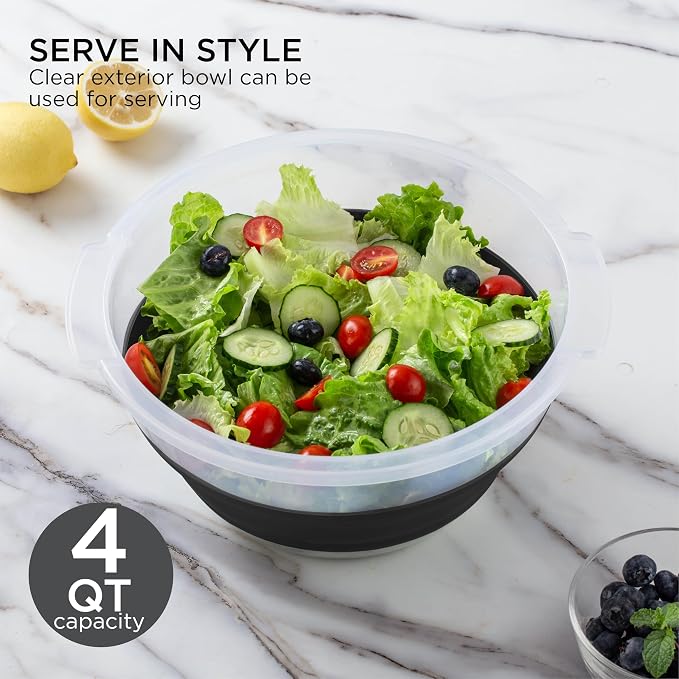 COOK WITH COLOR Collapsible Salad Spinner - 4 QT Space Saving Lettuce Dryer with Folding Collapsible Colander Great for Washing and Drying Fruit and Vegetables (Black)